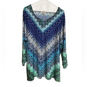 Roz & Ali tunic top polyester spandex blue green abstract print 2X soft